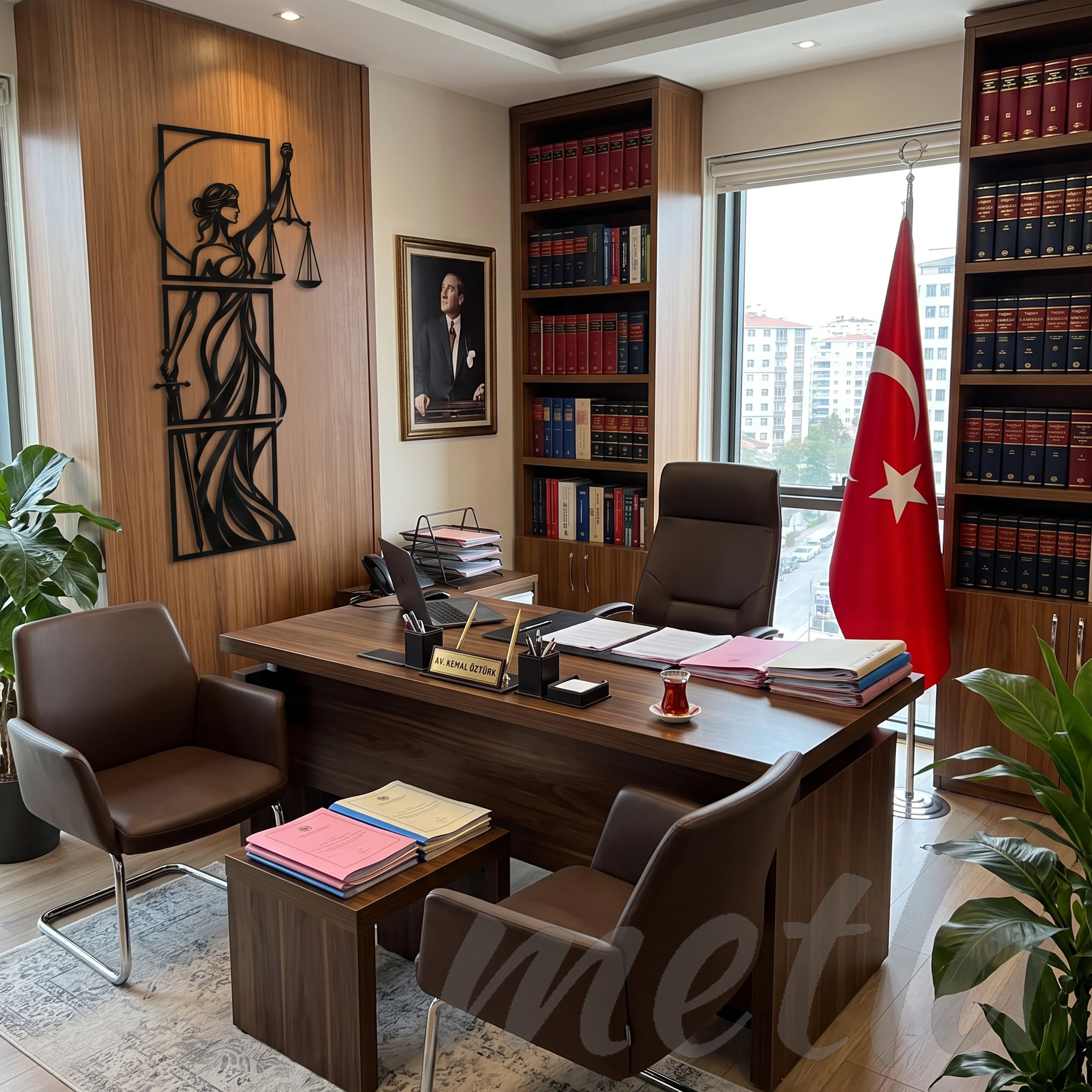 Hukuk bürosunda masa arkasında asılı adalet tanrıçası tablosu