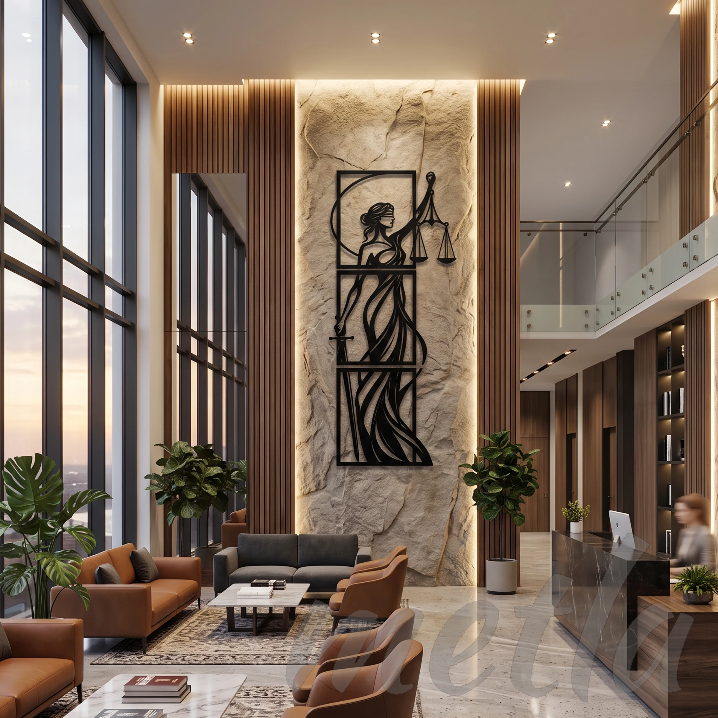 77x200 cm adalet tanrıçası metal tablo, boş duvarda yaklaşık 2 metre