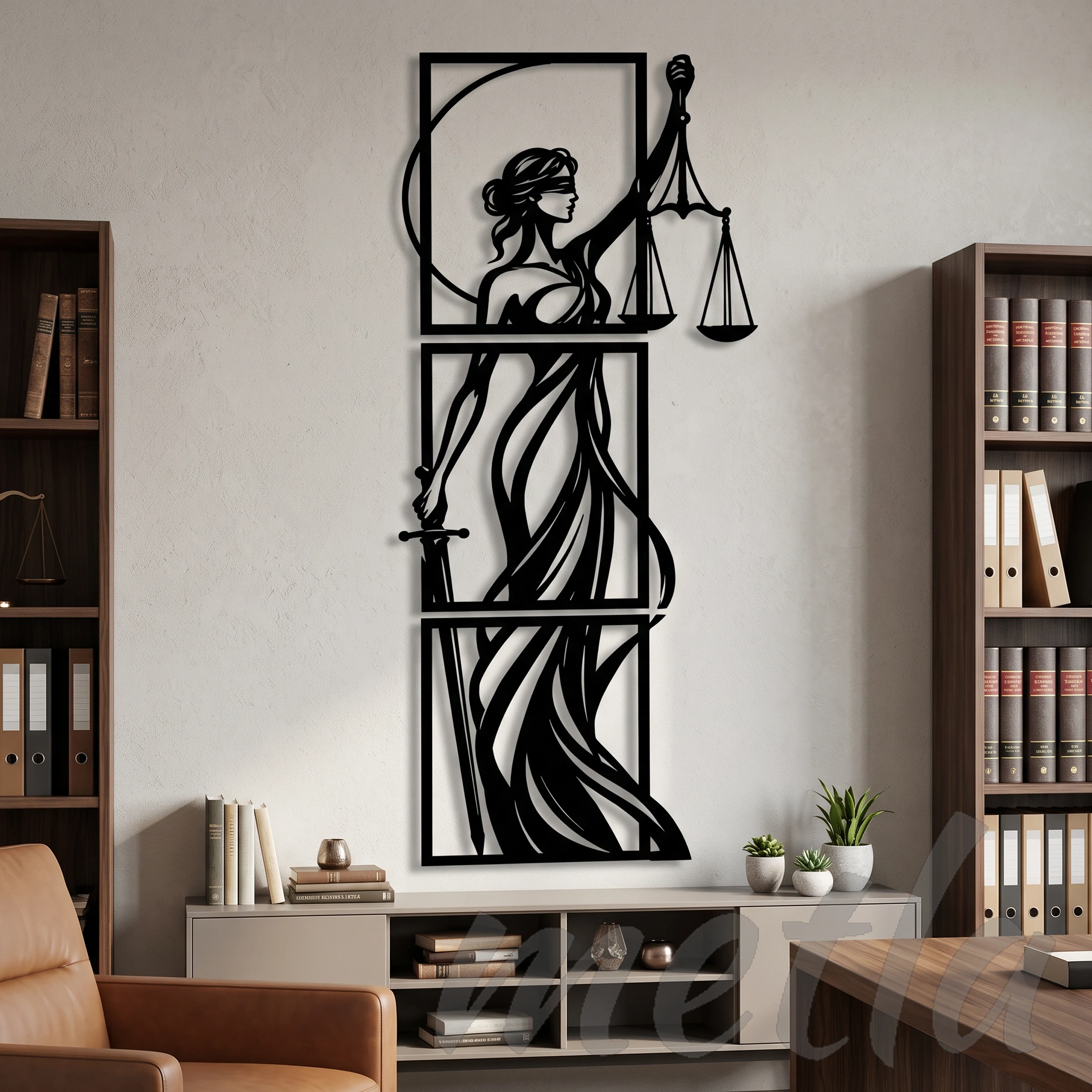 77x200 cm adalet tanrıçası metal tablo, boş duvarda yaklaşık 2 metre